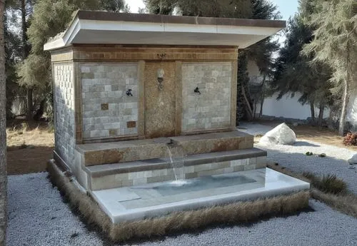 in the forest, antique fountain, blasting stone, marble coating, marble motif, decorative marble elements, shaped marble pieces,,a stone shower is in the middle of the stones,mikvah,spa water fountain