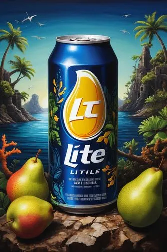 Imagine a futuristic Miller Lite logo for a technology-themed party. Soda can, Craft a serene landscape painting with vibrant colors, Imagine a little golden day gecko choking on a pear while explorin