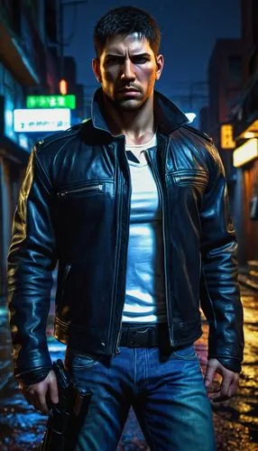 Chris Redfield, male, rugged, muscular, intense eyes, short brown hair, strong facial features, black leather jacket, white shirt, dark blue jeans, boots, gun holster, urban cityscape, nighttime, neon