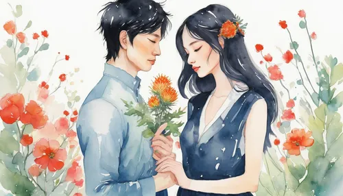 flower painting,floral greeting,young couple,kimjongilia,holding flowers,watercolor background,summer flower,may flowers,everlasting flowers,芦ﾉ湖,白斩鸡,japanese floral background,single flowers,falling flowers,summer flowers,flowers,flower background,boy and girl,honeymoon,tuberose,Illustration,Paper based,Paper Based 07