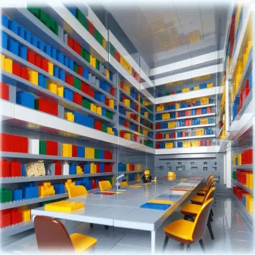 SP+A style architecture,  Rendered in style of lego,school design,blur office background,study room,school administration software,bookbuilding,schoolrooms,office supplies,digitization of library,clas