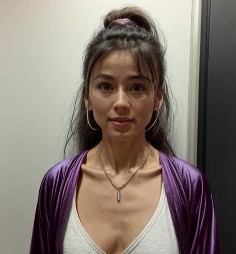 Same person wearing necklace and bracelets. She is 
doing martial arts in a robe that covers the middle and wearing half tied.,filipino,asian woman,vietnamese,vietnamese woman,mari makinami,amnat char