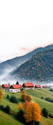 Romanian landscape, Carpathian Mountains, rolling hills, traditional village, wooden houses, red-tiled roofs, smoke rising from chimneys, autumn foliage, misty morning, soft warm light, panoramic view