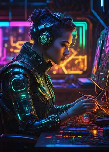 cyberpunk,girl at the computer,cyber,computer,operator,cyber glasses,computer freak,compute,computer art,computer addiction,neon human resources,women in technology,man with a computer,computer game,futuristic,lan,electro,electronics,ai,cyborg,Art,Classical Oil Painting,Classical Oil Painting 15