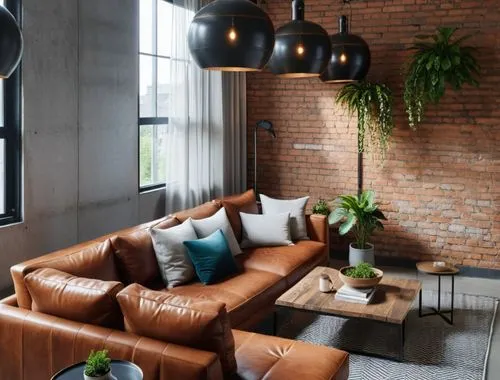 living room with huge window in qn industrial design with a realistic rendering.,a living room with brown leather sofa, brown lamps and a plant,loft,modern decor,contemporary decor,apartment lounge,lo