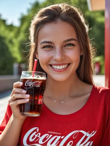 Female, smiling with a Coca Cola drink.,a girl holding a glass with a straw in her hand,coca cola,cola,coca,coca cola logo,cola bylinka,cocola,Photography,General,Realistic