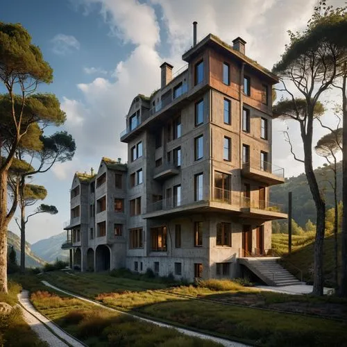 Steam punk apartment building ,apartment building,cubic house,eco-construction,apartment complex,apartment house,eco hotel,apartment block,house in mountains,an apartment,hanging houses,house in the m