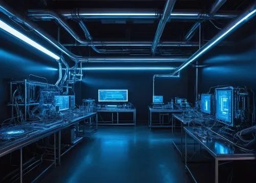 Modern flow diagram architecture, futuristic laboratory setting, sleek metal tables, futuristic computers, wires tangled around machinery, neon blue lights, minimalist background, 3D holographic proje