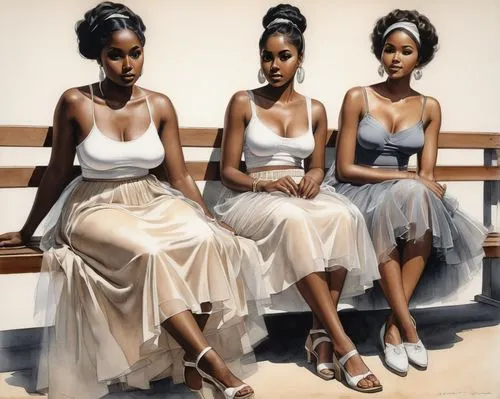 Oil painting of 3 beautiful dark-skinned chubby African nubian girls with large detailed eyes, wearing ombre tulle maxi skirts in different colors, flat shoes, camisole bra, sheer pantyhose, different