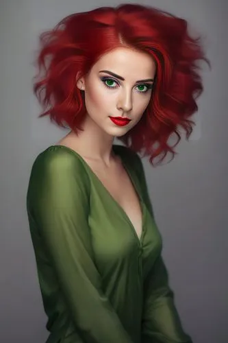 a girl with red hair, with green eyes and green lips,morwen,demelza,world digital painting,redhead doll,digital painting,triss