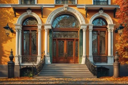 autuori,portal,autumn decoration,the threshold of the house,front door,milanesi,victorian,villa,victorian house,autumn decor,palazzos,italianate,racconigi,old victorian,brownstone,houses clipart,seasonal autumn decoration,colorful facade,the door,autumn frame,Art,Classical Oil Painting,Classical Oil Painting 27