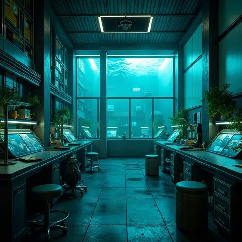 \Mysterious underwater laboratory, dark cyan glass walls, metallic framework, soft blue-green luminescent lighting, futuristic scientific equipment, experimental machinery, neon-lit control panels, hi