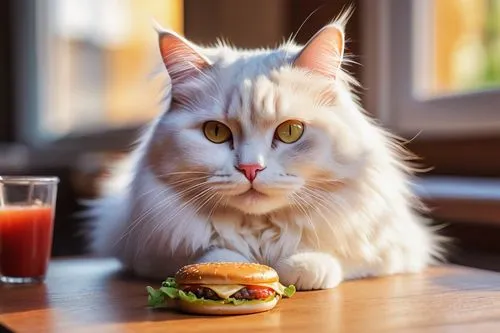 Adorable cat, white fur, pink nose, whiskers, cute eyes, eating, cheeseburger, toasted bun, melted cheese, juicy beef patty, lettuce, tomato, ketchup, mayonnaise, wooden table, cozy home interior, war