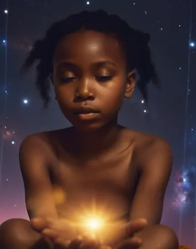 African girl meditating in the cosmos,afrofuturism,binti,eckankar,sarafina,divine healing energy,urantia,raelian,mystical portrait of a girl,yogananda,global oneness,connectedness,bti,spirituality,ear