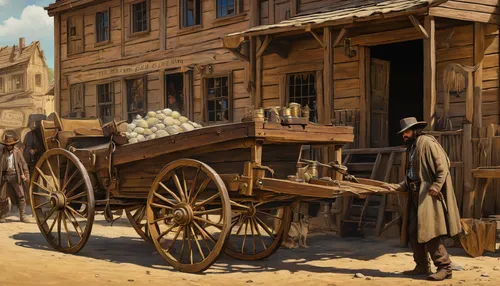 In a Wild West town, the sheriff uncovers a wagon filled with stolen gold.,straw carts,straw cart,covered wagon,stagecoach,wooden wagon,wooden carriage,bannack international truck,old wagon train,wago