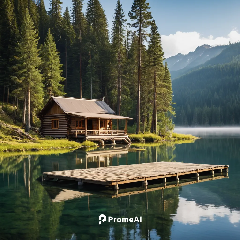 raft, wooden structure, floating base, survival shelter, clear water, lake, forest background, pine trees, misty atmosphere, midday sunlight, reflection on water, resourceful, makeshift, sturdy, isola