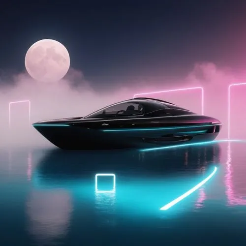 boat, pink and teal neon lights, beige moon, volumetric fog, Tokyo, in ocean,a speed boat on the water under a full moon,futuristic car,yacht,3d car wallpaper,futuristic landscape,moon car,jetski,Phot