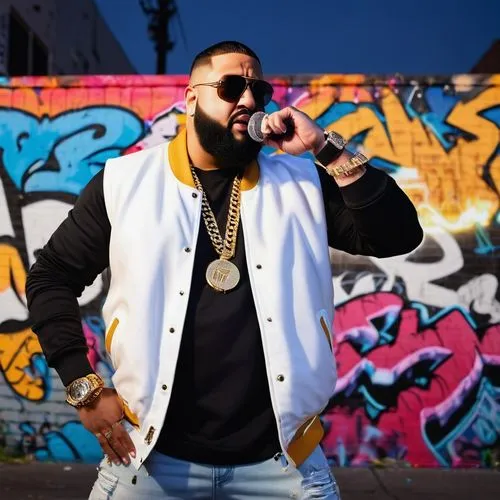 DJ Khaled, standing, motivational gesture, gold chain, shades, beard, black hair, white shirt, sleeveless jacket, jeans, sneakers, microphone in hand, energetic pose, urban cityscape, graffiti wall, s