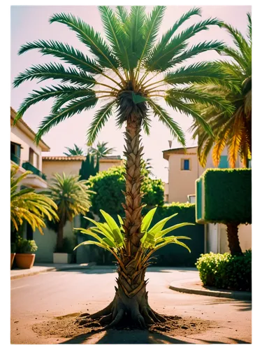 Mediterranean tree, palm tree, summer season, green leaves, branches stretching upwards, thick trunk, roots deep in earth, afternoon sunlight, warm color tone, cinematic lighting, 3/4 composition, sha