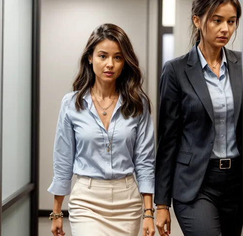 Same person wearing necklace and bracelets. She is  wearing a tucked in office suit and walking,businesswomen,business women,business woman,business girl,businesswoman,menswear for women,white-collar 