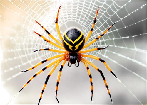 Jorogumo spider, Japanese golden orb-web spider, large, yellow and black stripes, eight legs, big round abdomen, intricate web, morning dew, soft sunlight, close-up, macro shot, shallow depth of field