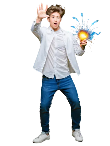 Lightbulb moment, idea bursting, sparks flying, SFX explosion, colorful smoke, dynamic pose, youthful male, messy hair, casual wear, white shirt, jeans, sneakers, energetic facial expression, dramatic