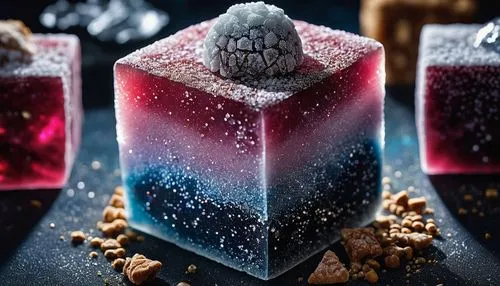 a small piece of dessert sitting on top of a table,sugar cubes,frozen drink,coconut cubes,ice chocolate,schüssler salts,ice cubes,Photography,General,Realistic