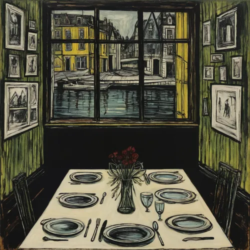 braque saint-germain,david bates,dining table,bistrot,dining room,braque francais,kitchen table,vincent van gough,bistro,dining,vincent van gogh,dining room table,table setting,place setting,olle gill,the kitchen,black table,tablescape,the dining board,tableware,Art,Artistic Painting,Artistic Painting 01