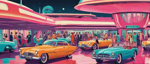 retro diner,car hop,car dealership,colorful city,amusement park,teacups,pink city,carousel,fantasy city,futuristic landscape,drive in restaurant,bumper cars,ufo interior,parking lot,fairground,electric gas station,transport hub,the market,abstract retro,passengers,Conceptual Art,Sci-Fi,Sci-Fi 29