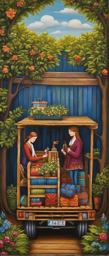 Create a romantic setting where two people meet while operating a pallet transporter. Write a heartwarming dialogue between them.,cart of apples,apple harvest,garden bench,romantic scene,flower cart,g