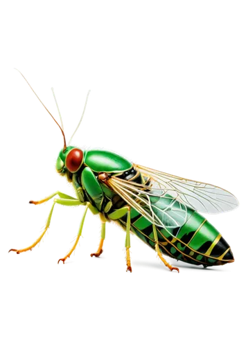 Cicada, line art, insect, green body, transparent wings, large eyes, long antennae, delicate legs, natural texture, simple shading, flat composition, side view, bold lines, minimalist style.,orthopter