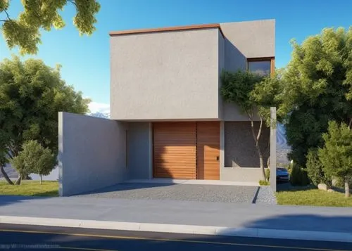 house without windows in front in garage two cars, in front street and in the background mountains and blue sky keep volumetry and materials,a rendering of a modern house in front of some trees,3d ren