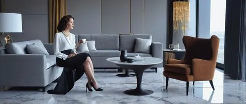 Ghislain Vinas inspired interior, luxurious modern villa, mature lady, 40s, curly brown hair, subtle makeup, elegant posture, white silk blouse, high-waisted black pencil skirt, designer heels, pearl 