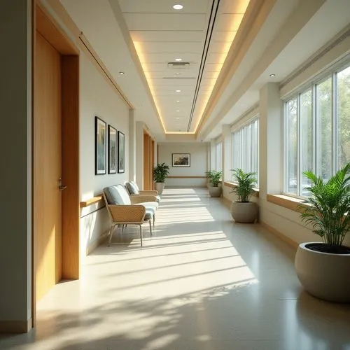 \Soothing hospital corridors, calming natural light, comfortable waiting areas, ergonomic seating, warm wood accents, gentle color schemes, minimal medical equipment visibility, acoustic paneling, sou