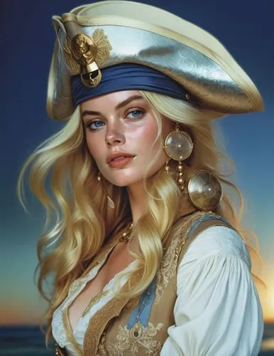 a woman wearing a pirate hat, charlie bowater character art, treasure island, it is the captain of a crew, black and white coloring, drawn in the style of mark arian, portrait of margot robbie, unused