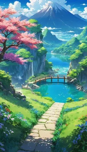 landscape background,spring background,springtime background,japanese sakura background,fantasy landscape,japan landscape,blooming field,sakura background,mountain spring,scenery,meteora,high landscape,mountain landscape,background with stones,beautiful landscape,mount scenery,beauty scene,purple landscape,mountain scene,芦ﾉ湖,Illustration,Japanese style,Japanese Style 03