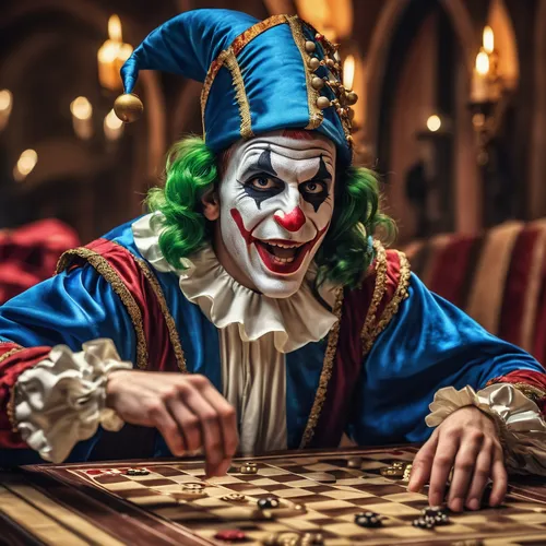 the carnival of venice,ringmaster,gambler,magician,joker,horror clown,fortune teller,creepy clown,jester,ball fortune tellers,scary clown,magic tricks,poker,jigsaw,tabletop game,play cards,las vegas entertainer,rodeo clown,chess player,playing cards,Photography,General,Realistic