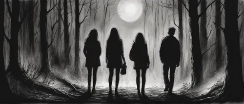 slender,haunted forest,ghost forest,abduction,haunt,witch house,forest walk,witches,the forest,ghosts,halloween illustration,hollow way,halloween ghosts,nightshade family,the woods,spirits,purgatory,row of trees,forest dark,forest road,Illustration,Black and White,Black and White 35