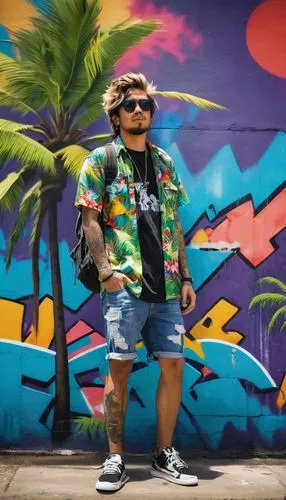 Banksy, Hawaiian street artist, sunglasses, messy hair, tattoos, colorful shirt, distressed denim shorts, sneakers, holding spray can, standing in front of a vibrant graffiti wall, Honolulu cityscape,