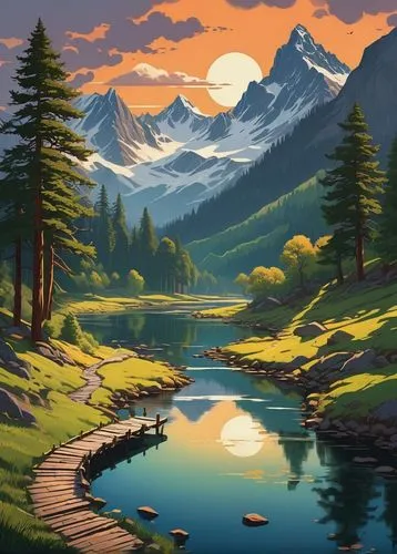 mountain scene,mountain landscape,landscape background,mountain sunrise,mountainous landscape,mountains,autumn mountains,alpine sunset,nature landscape,mountain range,salt meadow landscape,mountain lake,river landscape,mountain valley,mountain,the landscape of the mountains,mountainlake,beautiful landscape,high landscape,painting technique,Illustration,Vector,Vector 03