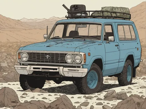 In a post-apocalyptic world, describe a battered and modified Toyota Stout.,land rover series,land-rover,ford bronco ii,toyota land cruiser,uaz patriot,land rover discovery,first generation range rove