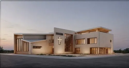 realistic style, Side-View, Catholic church, red color Brick, There are small buildings and trees around,  midnight lighting, mir rendering,build by mirza golam pir,modern house,new housing developmen