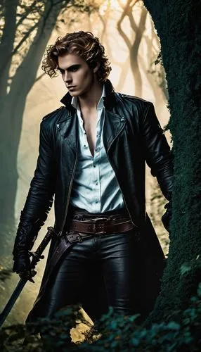 Tamlin Feyre, half-elf, male, young adult, beautiful detailed face, sharp jawline, piercing emerald green eyes, messy curly brown hair, earring, leather jacket, white shirt, dark pants, boots, sword, 