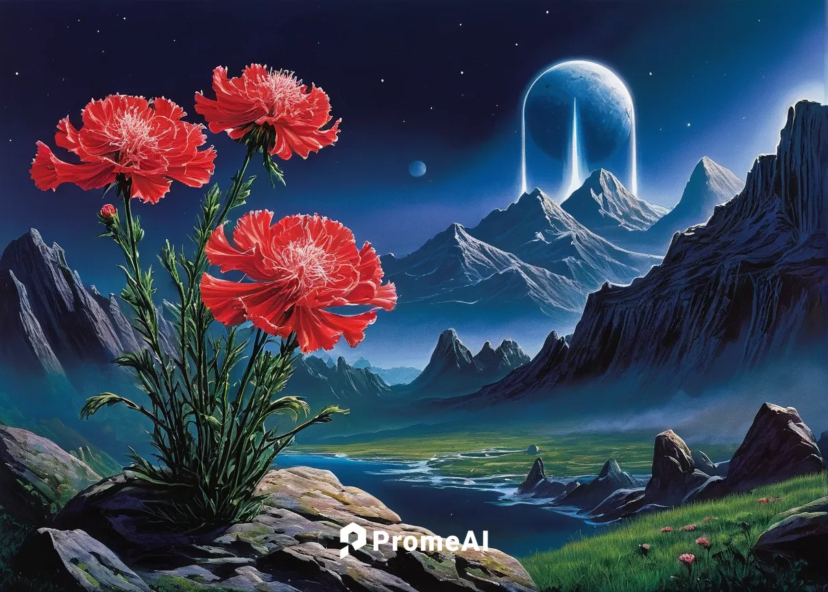 Imagine a dark fantasy world where a sprouting rock carnation is used to cast powerful spells.,cosmos,futuristic landscape,valerian,cosmos field,vulcan,mushroom landscape,klatschmohn,landscape rose,tu