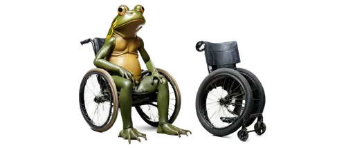 Frog, green skin, wheelchair, paralyzed legs, worn tires, rusty metal frame, faded cushion, sad expression, detailed eyes, glossy skin, sitting, realistic, soft box lighting, 3/4 composition, shallow 