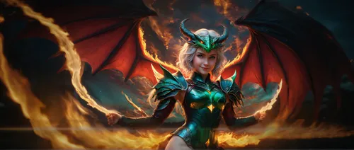 A BEAUTIFUL YOUNG WOMAN  with nice curves hour glass shaped body long legs with flaming red hair, green eyes , wearing an see through armour made from lighting bolts , with wings of a devil dragaon, w