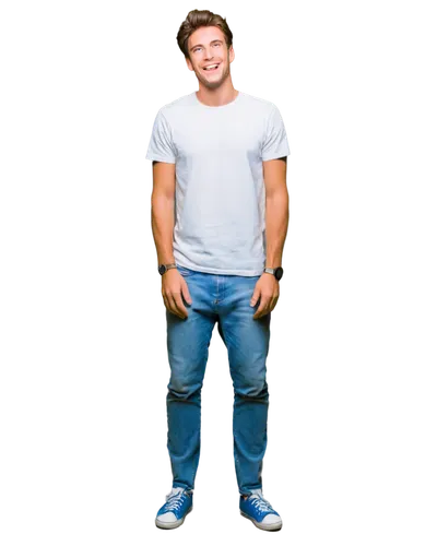 Laughing guy, cartoon style, young adult, smiling face, bright eyes, messy brown hair, casual wear, white T-shirt, blue jeans, sneakers, relaxed posture, leaning forward, hands on knees, joyful expres