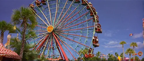 Describe the excitement of a theme park visit in Florida.,lubitel 2,annual fair,high wheel,fairground,ferris wheel,disposable camera,funfair,amusement ride,amusement park,carnival,carousel,big wheel,a