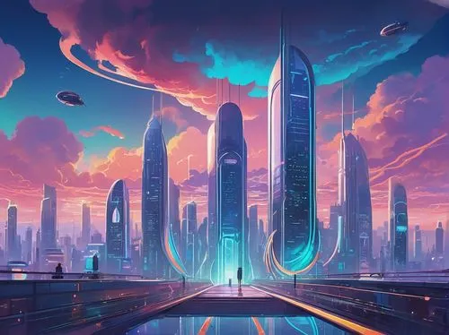 futuristic landscape,cybercity,cyberport,futuristic,futuristic architecture,cityscape,fantasy city,skylstad,cyberia,citadels,cybertown,areopolis,synth,futuregen,skyscrapers,metropolis,sky space concept,fantasy landscape,skyterra,futurist,Illustration,Japanese style,Japanese Style 06