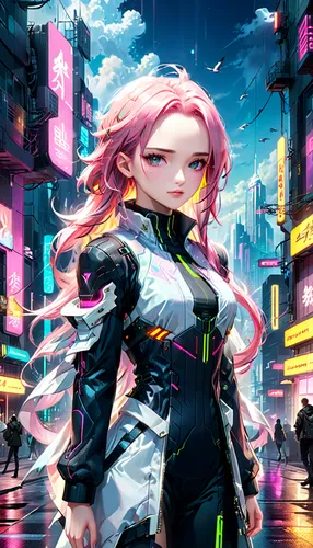 cyberpunk,shinjuku,persona,cyber,shibuya,cg artwork,meteora,cyborg,umeda,uruburu,cybernetics,android inspired,harajuku,dusk background,nora,game illustration,sci fiction illustration,japanese sakura background,vector girl,colorful background,Anime,Anime,General